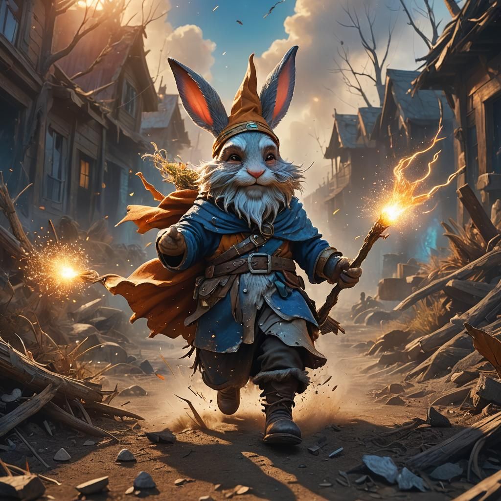 Gnome Rides Dust Rabbit Through Apocalyptic Wind