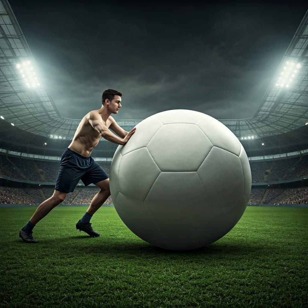 Shirtless Soccer Player Pushing Giant Ball, Hyperrealistic S...