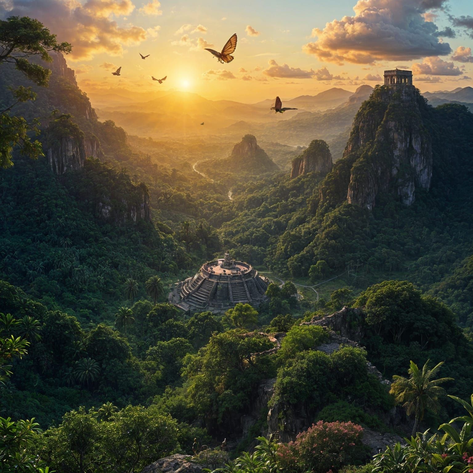 Vibrant Tropical Valley Reveals Maya Ruins in Golden Sunrise...