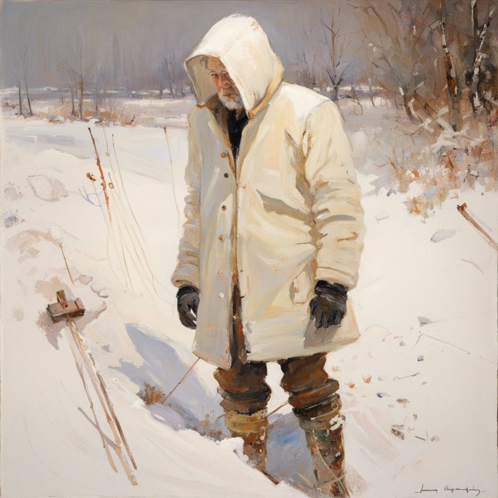 Albino Man Camouflaged in Snow, Oil Painting