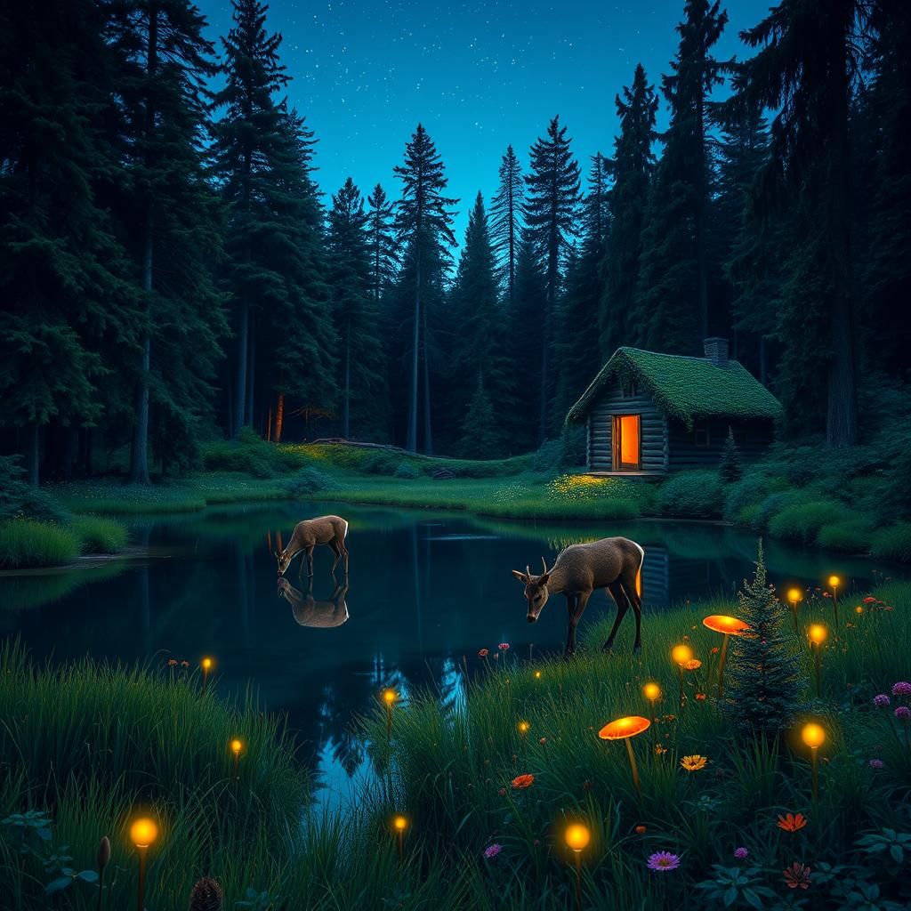 Ethereal Deer at Twilight Lake in Forest Clearing