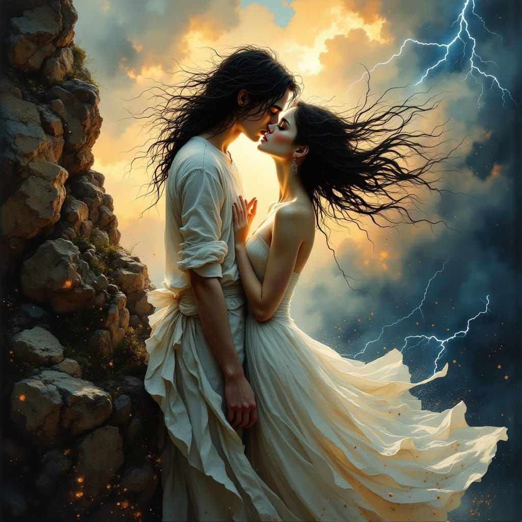 Ethereal Romantic Moment on a Stormy Cliffside