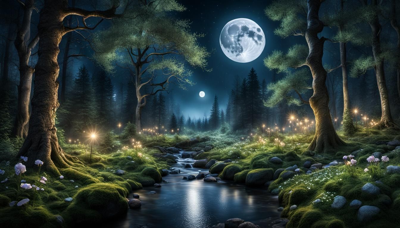 Enchanted Forest with Twinkling Lights at Night