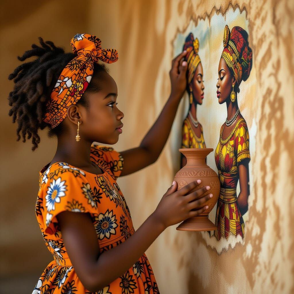 Girl Exploring with Lamp in Style of Kehinde Wiley