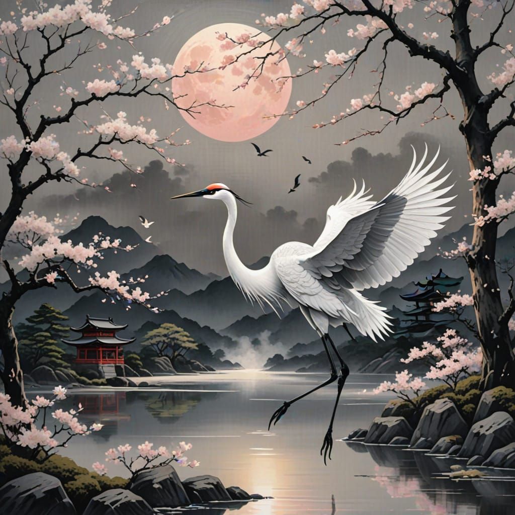 Majestic Crane in Moonlit Japanese Landscape