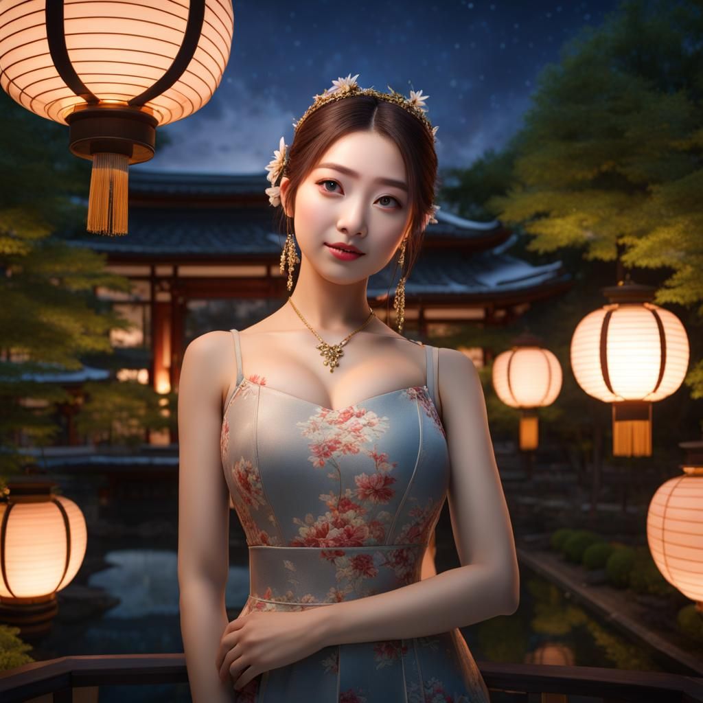 Beautiful Girl Posing in Japanese Garden at Night