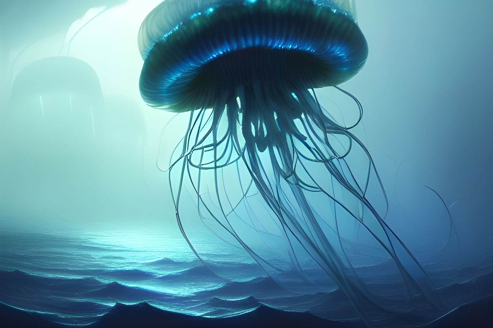 Fantastic Jellyfish in Deep Blue Ocean, Sinister Art