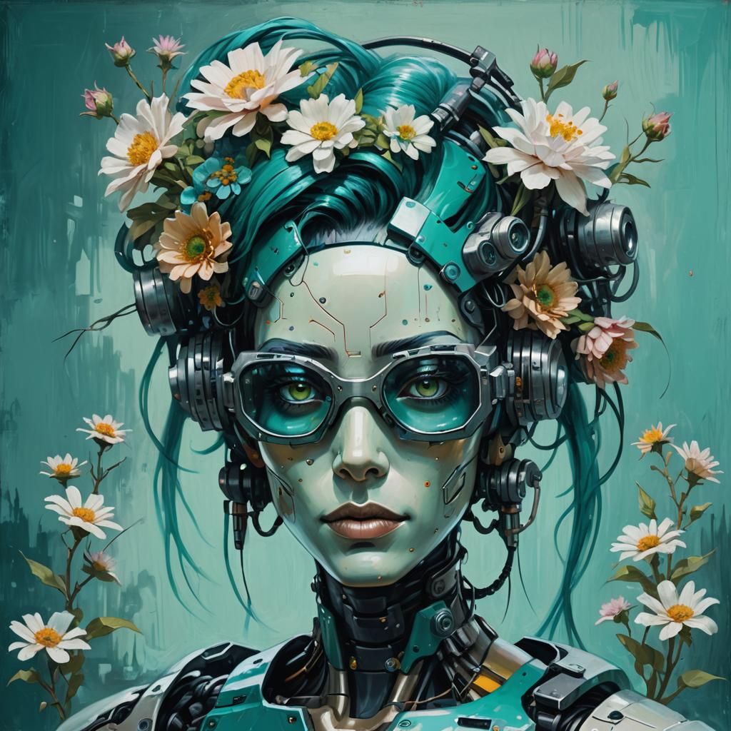 Cyberpunk Robot with Flowers, Oil Painting