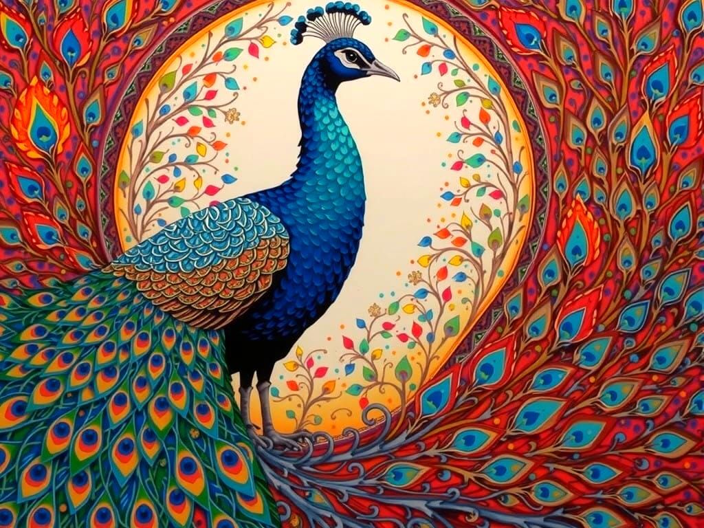 Vibrant Anime Peacock in Intricate Needlepoint Style