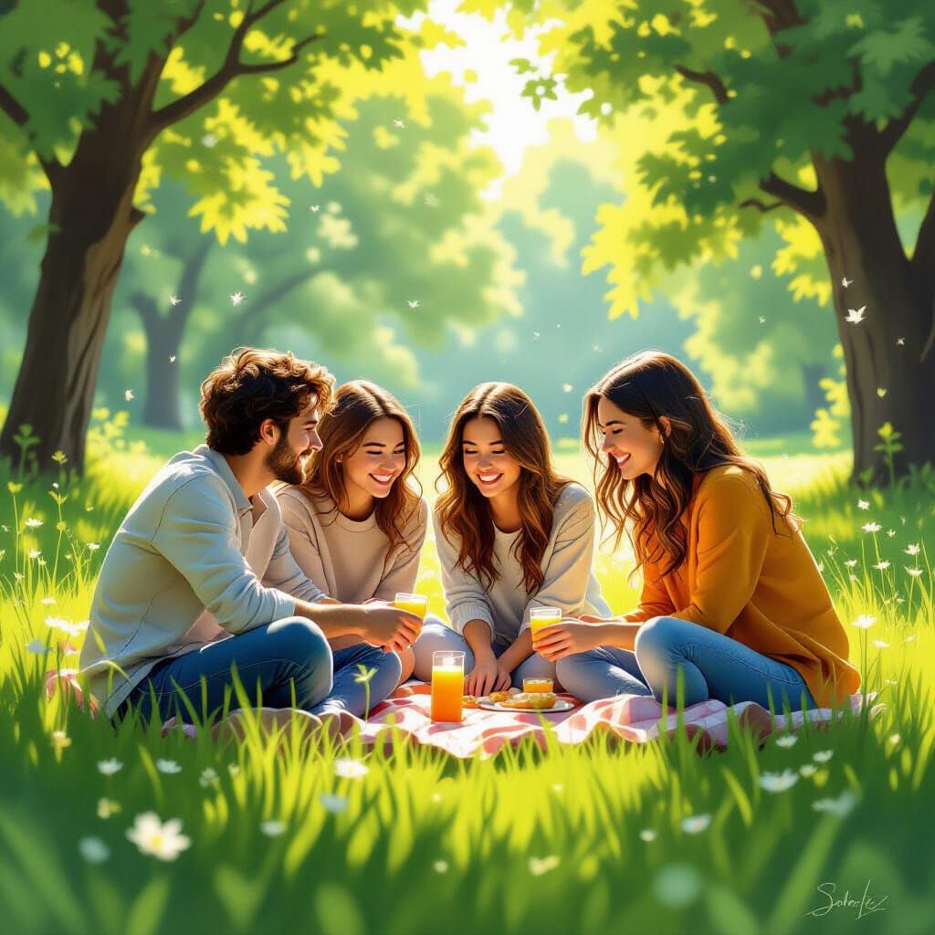 Friends Surrounded by Wonder in Serene Landscape