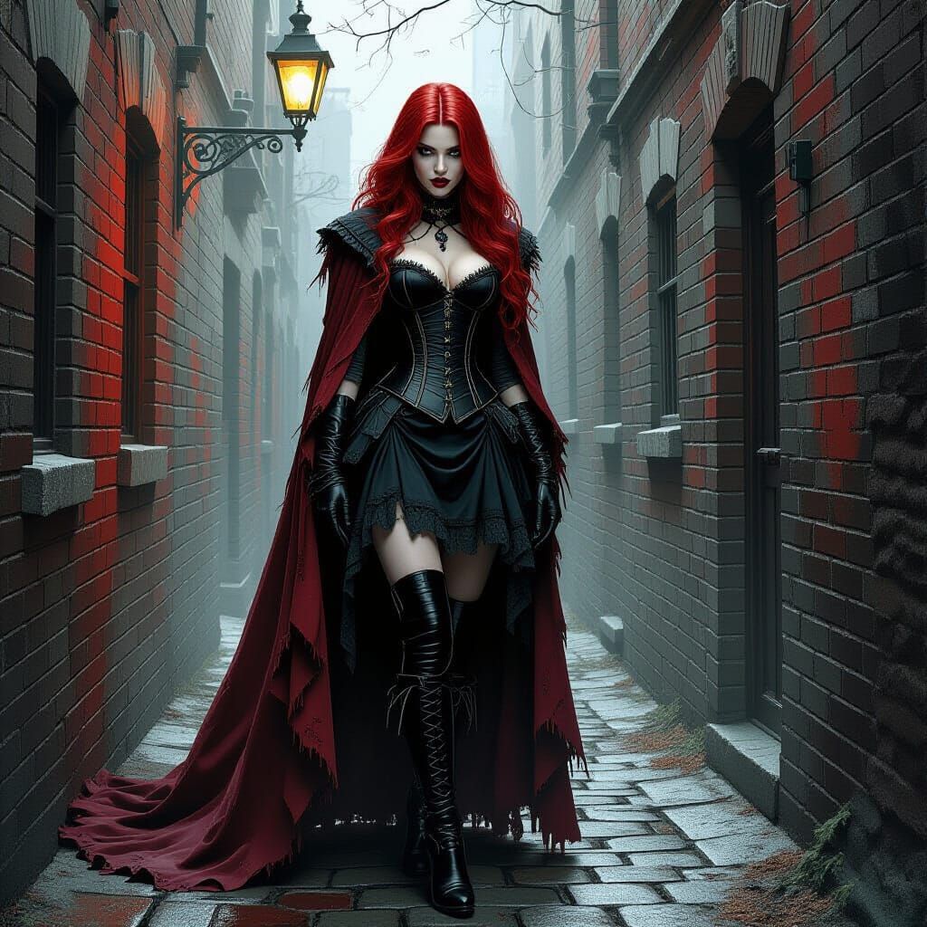 Victorian Vampire in Dark Alley, Gothic Art Style