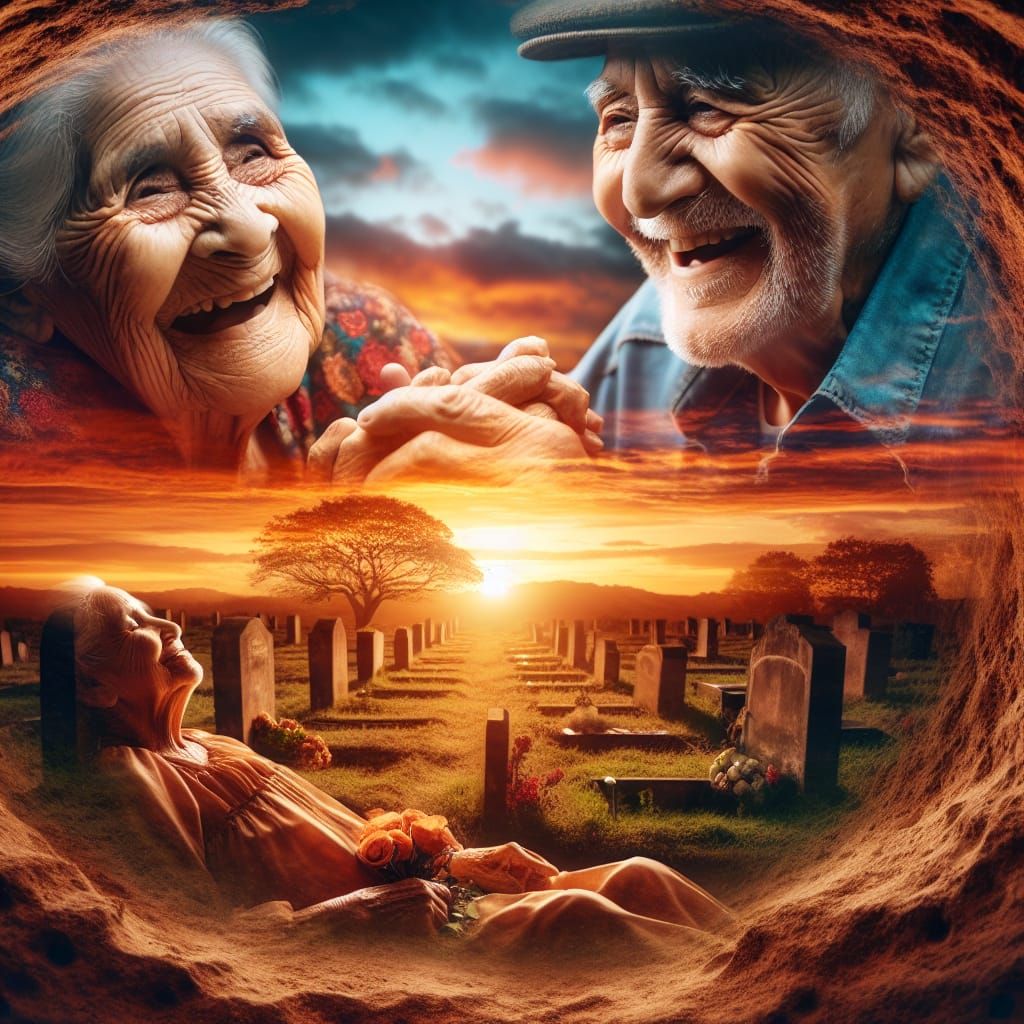 Surreal Sunset Scene of Elderly Couple in Joyful and Peacefu...