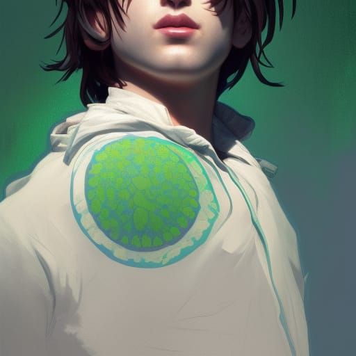 Green-Skinned Boy Portrait in Art Nouveau Style