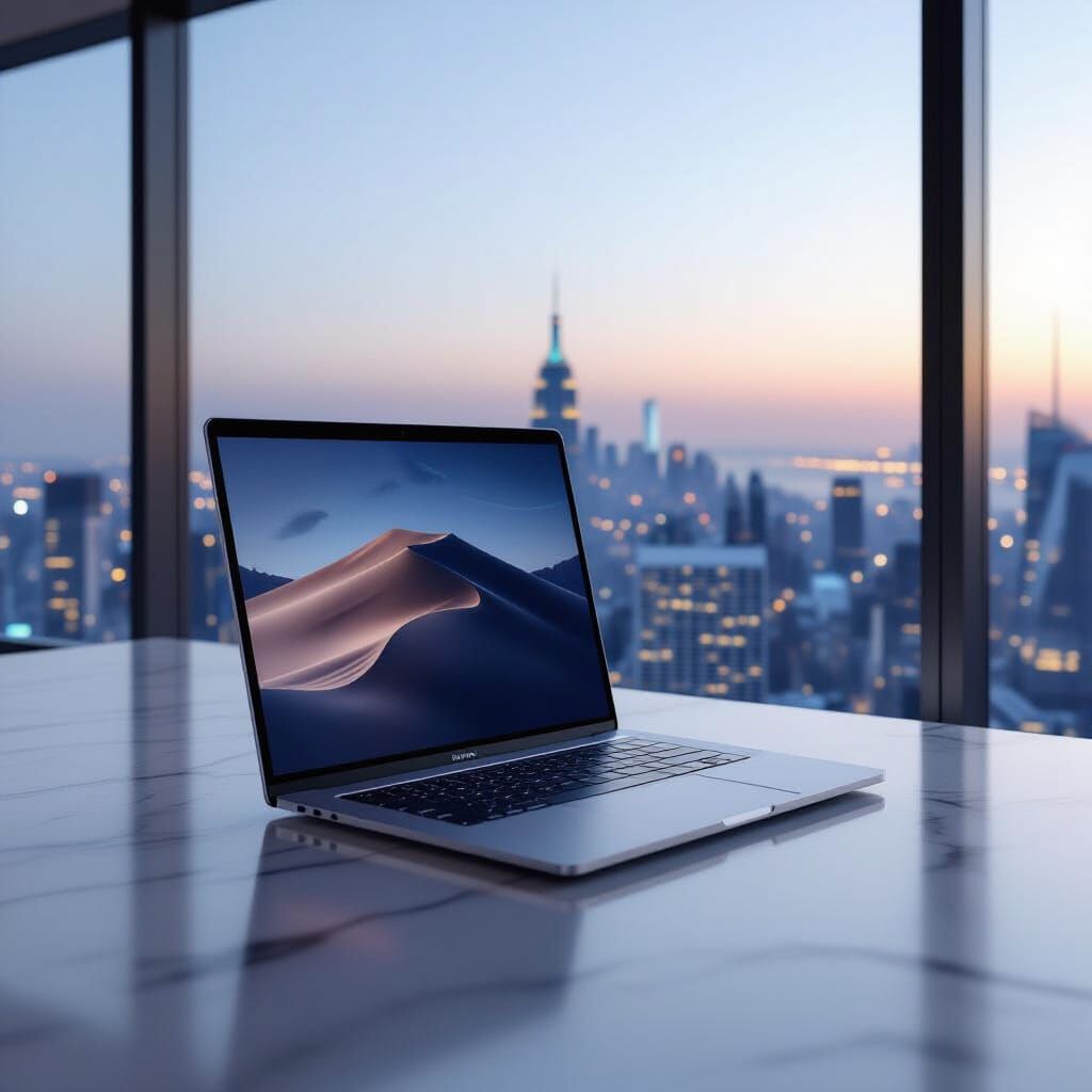 Minimalist Laptop in Futuristic Cityscape Glow