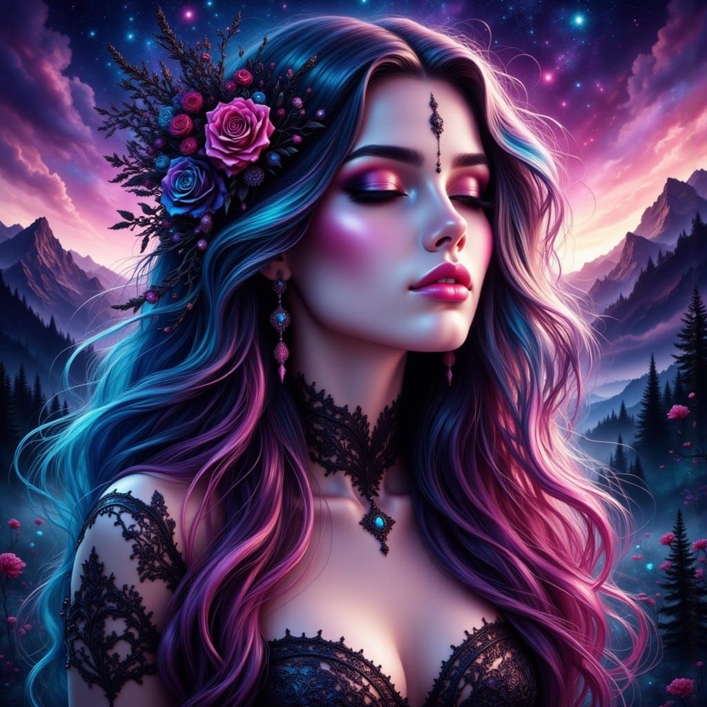 Mystical Woman with Lace Headpiece and Starry Sky