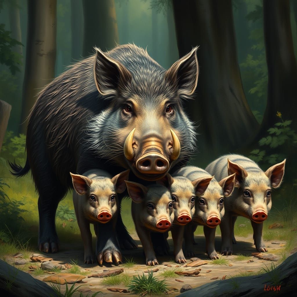 Fierce Boar Mother Defends Piglets in Lush Forest