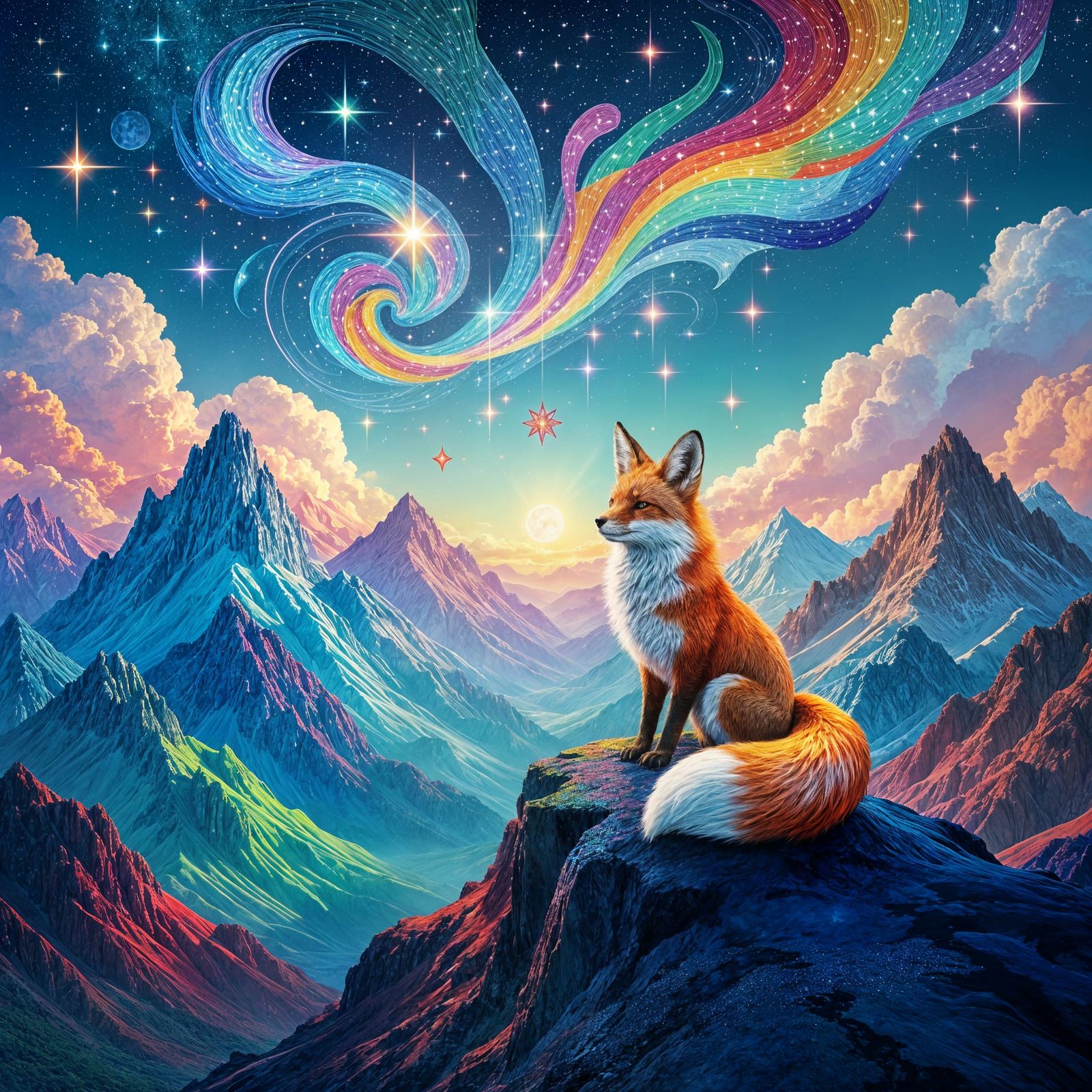 Surreal Mountains and Fox in Vibrant Dreamscape