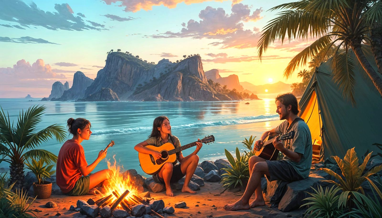 Exotic Beach Campfire at Dawn: Digital Painting