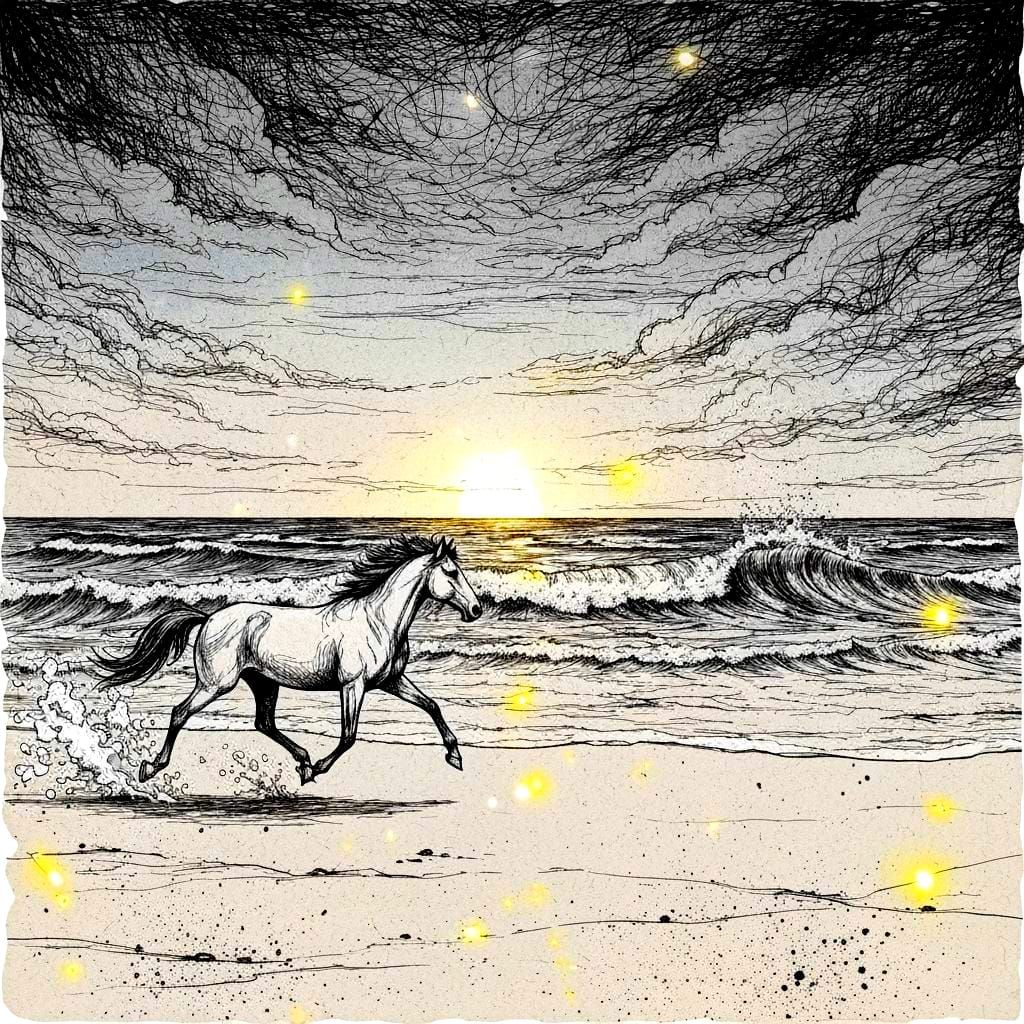 Galloping Horse by Stormy Sea in Whimsical Scratch Art