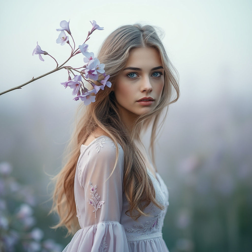 Ethereal Woman with Lavender Hair in Dreamy Landscape