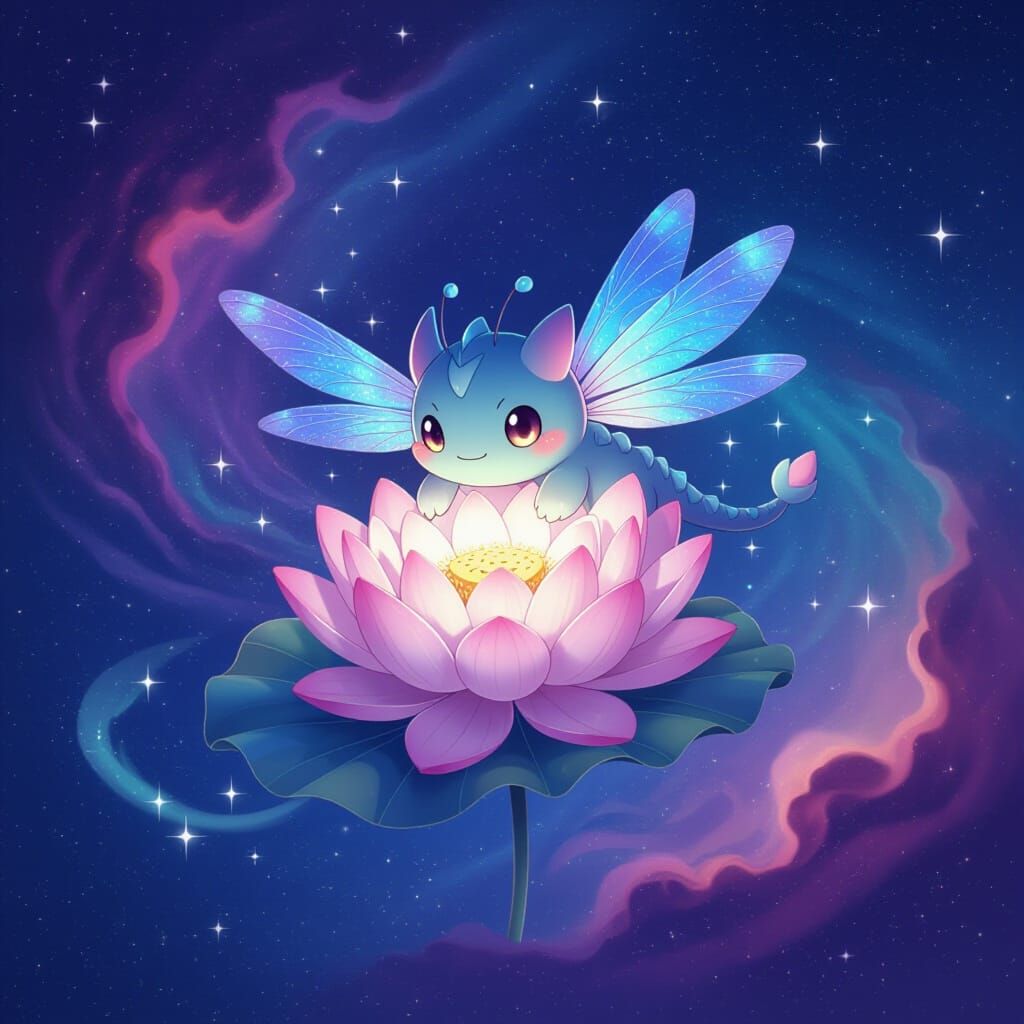 Chibi Lotus Monster with Dragonfly Wings in Starry Nebula