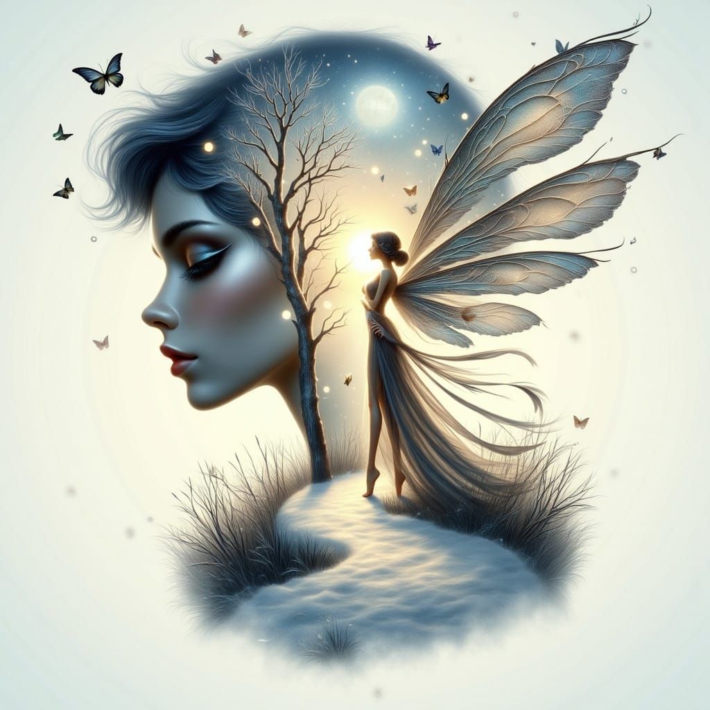 Winter Woman: Double Exposure Fairy Tale Scene