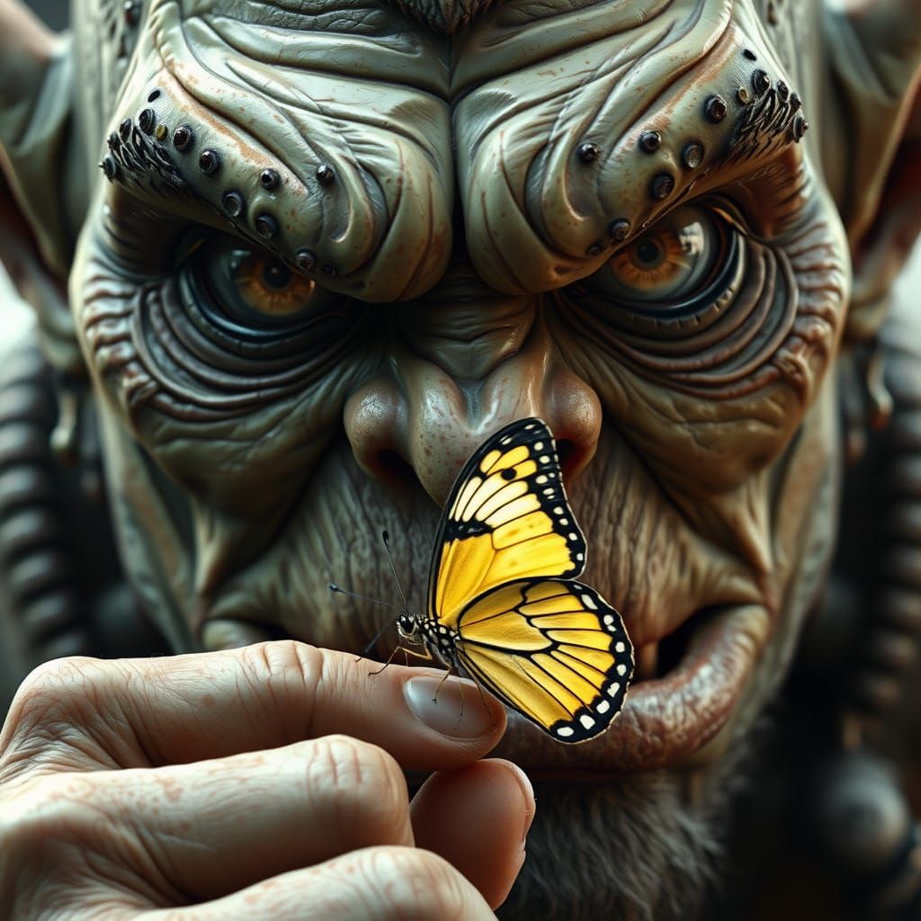 Cyberpunk Orc Examines a Butterfly with Intense Gaze