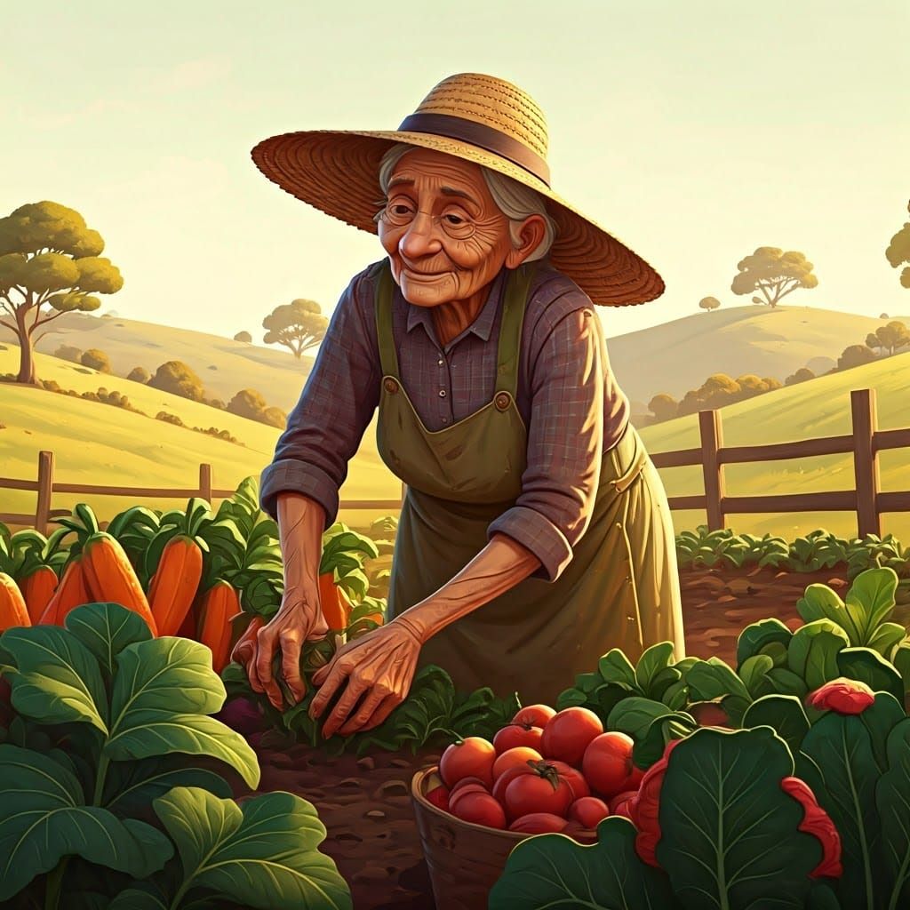 An old lady working in  the vege patch