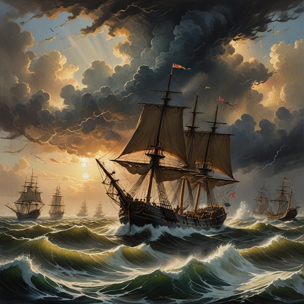 Stormy 18th-Century Harbor in Turbulent Waters