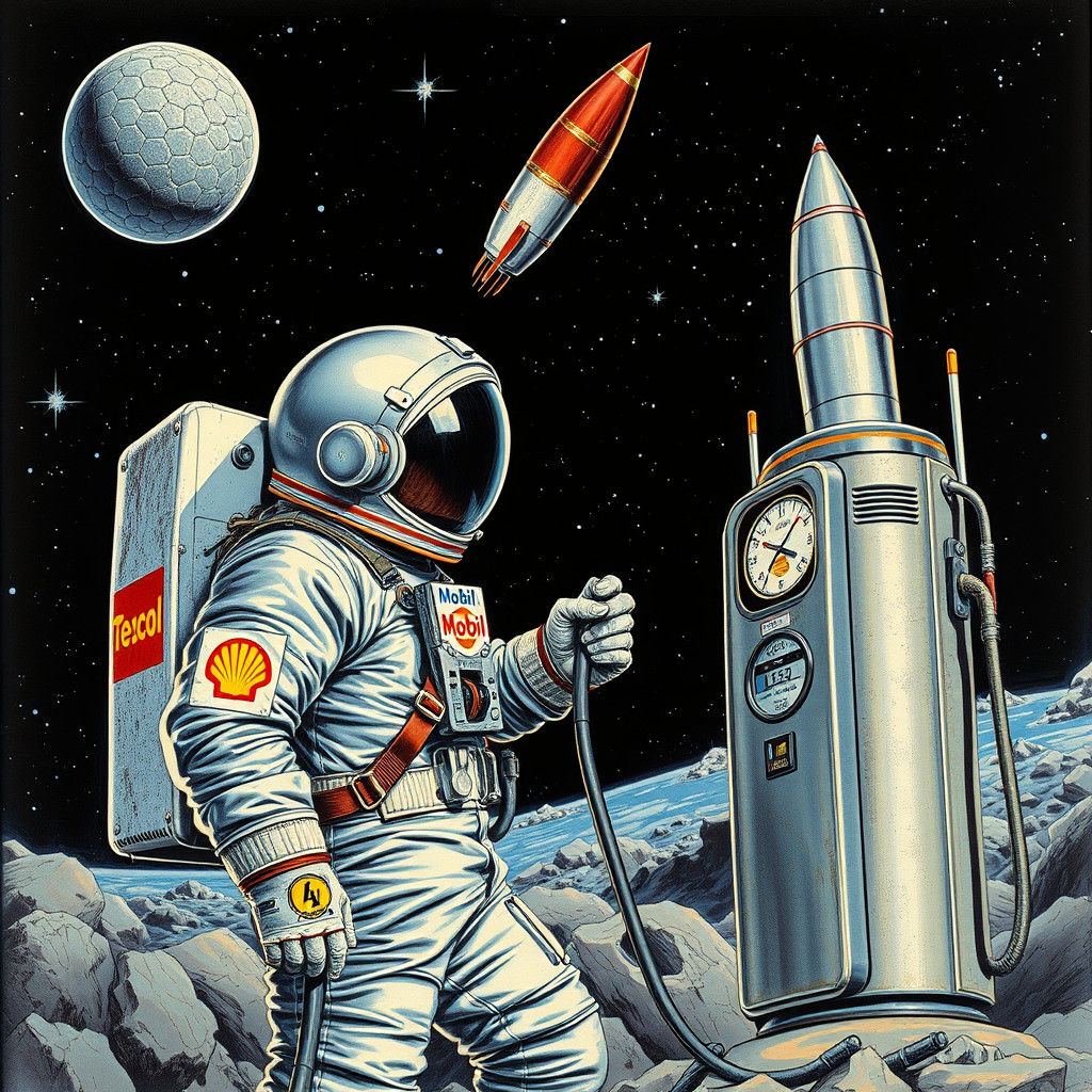 Astronaut Refuels Rocket with Vintage Gas Pump