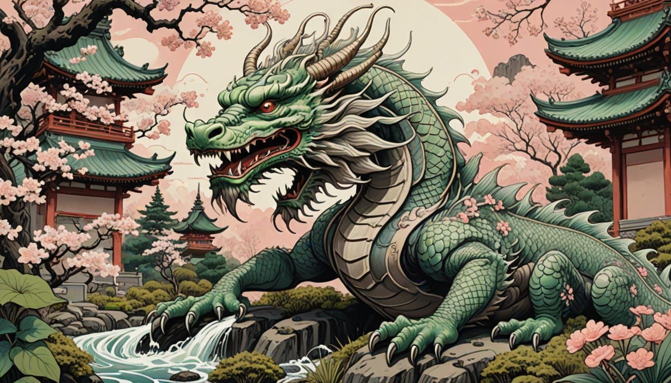 Japanese Dragon in Temple Garden, Ukiyo-e Style