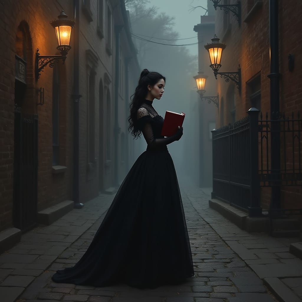 Victorian Gothic Woman in Foggy Alley, Oil Painting