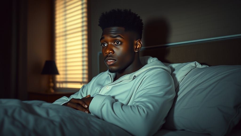 Startled Man Wakes in Dark Room, Film Noir Style