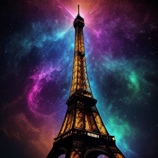 Surreal Eiffel Tower Illuminates Cosmic Night Sky