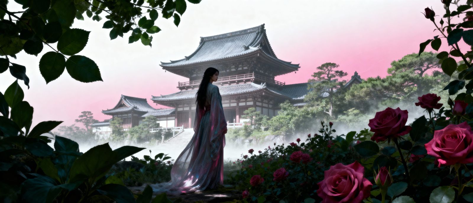 Dark Fantasy Woman at Elegant Japanese Architecture