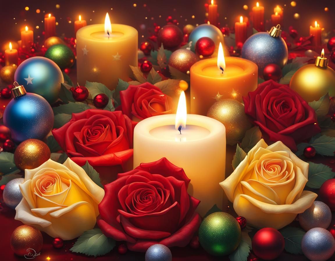 Festive Candles Surrounded by Roses and Christmas Ornaments