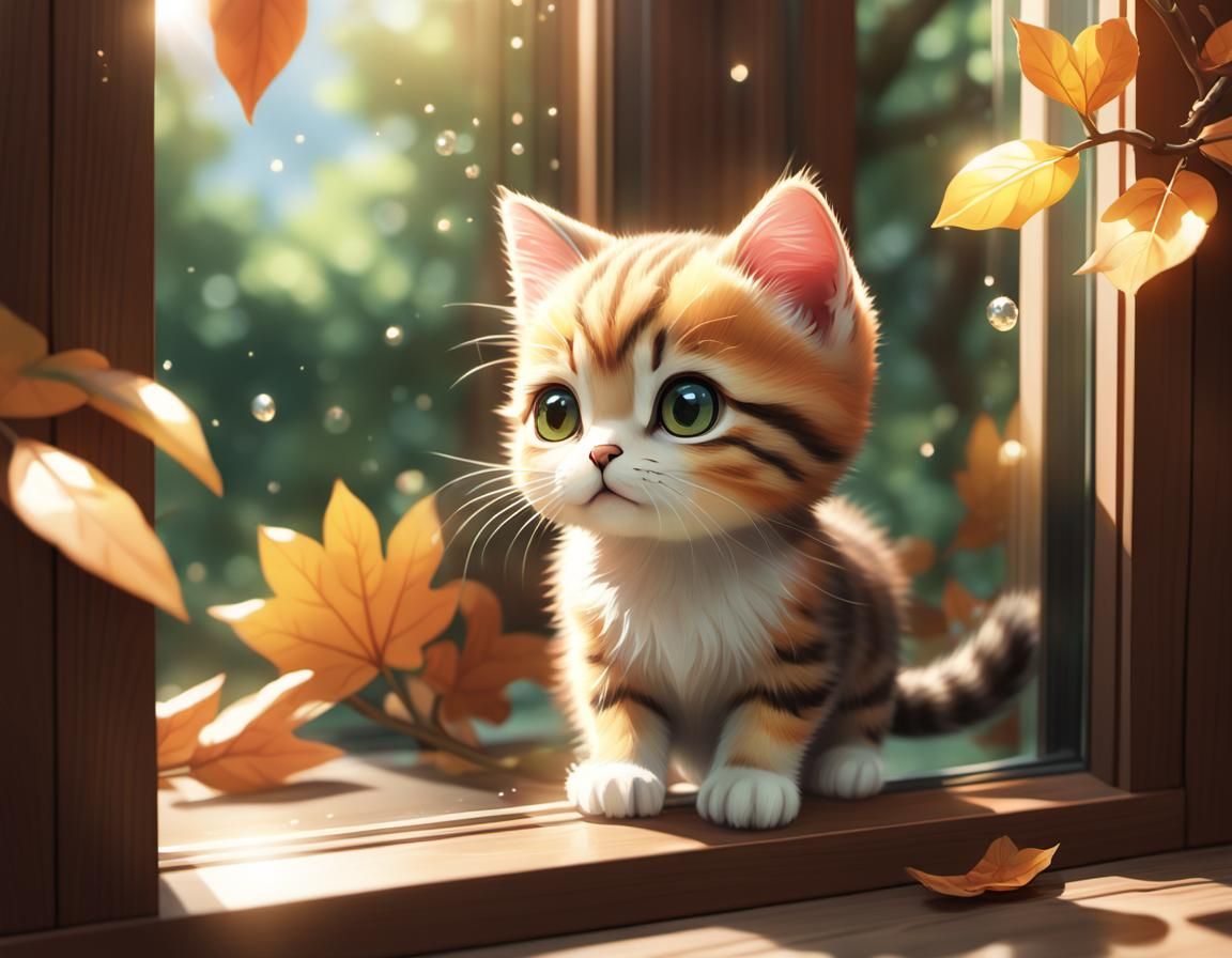 Anime Kitten Gazes at Chipmunk: 3D Macro Photograph