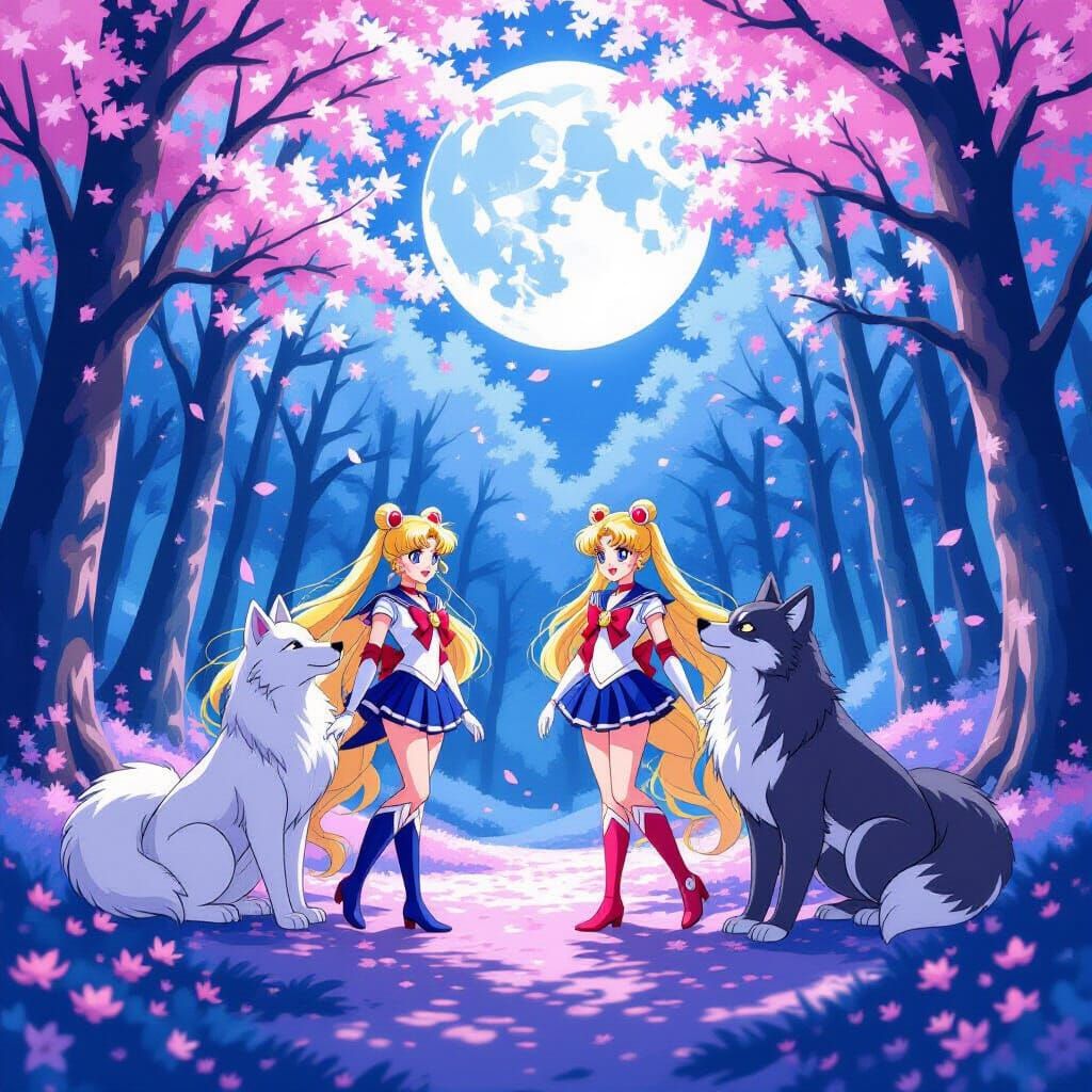 Sailor Moon & Werewolf Girls in Moonlit Forest Anime Style