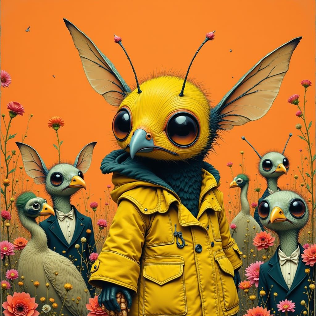 Jurassic Bee Surrounded by Tuxedo Vultures in Anime Style