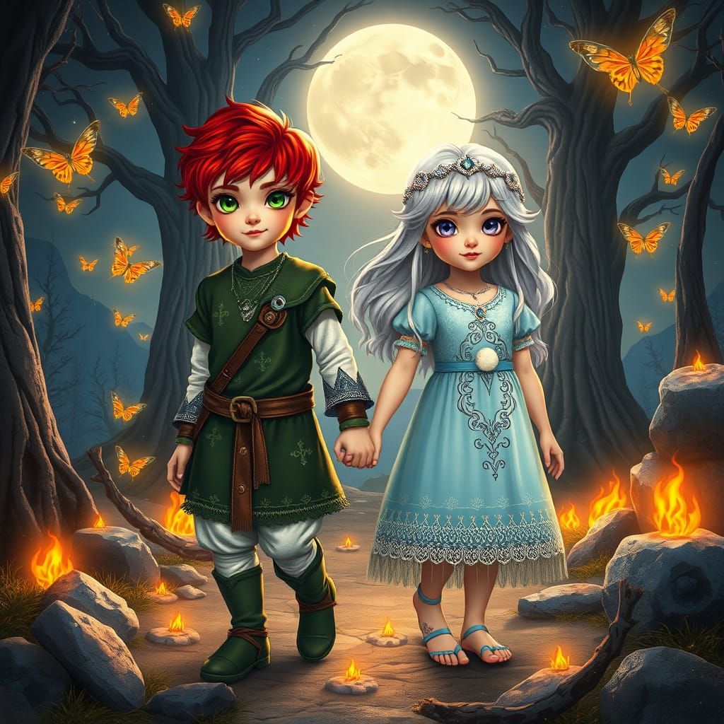 Magical Twins in Moonlit Forest: Hyper-Realistic Portrait