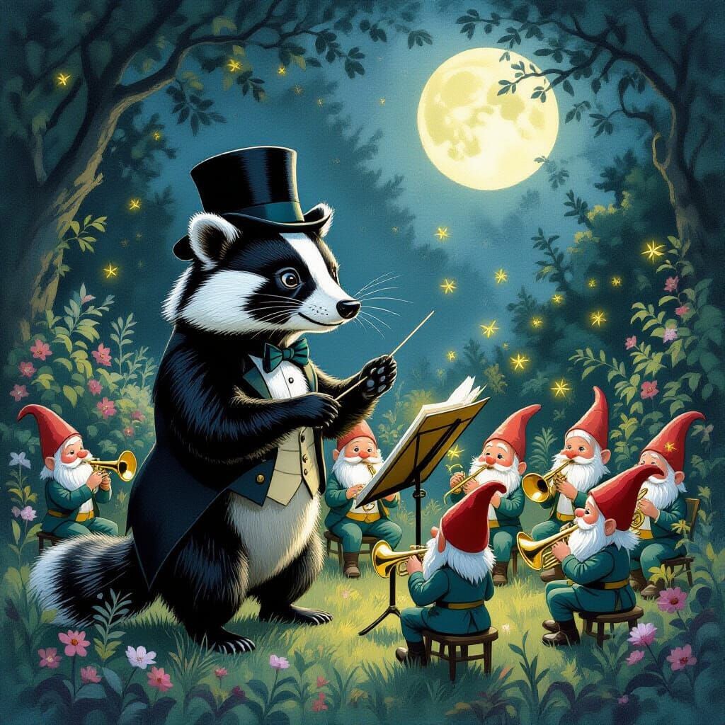 Mischievous Badger Conducts Gnome Orchestra in Moonlit Garde...