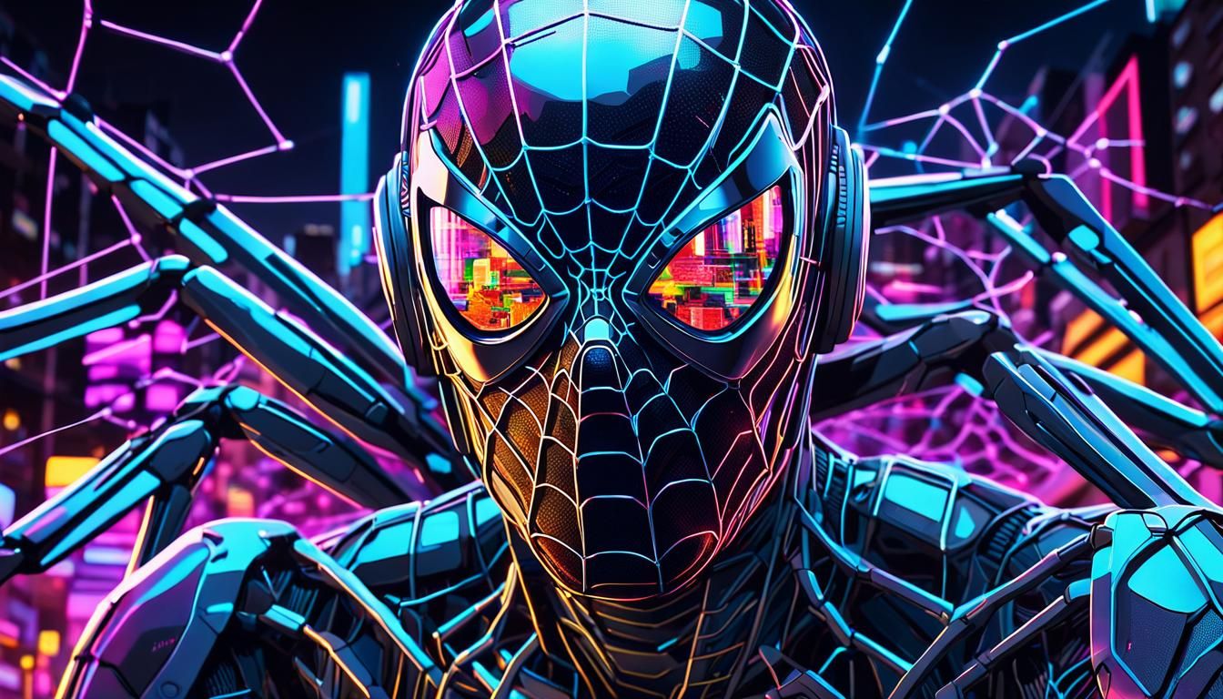 Cyberpunk Cyborg Spider Portrait in Neon Matrix