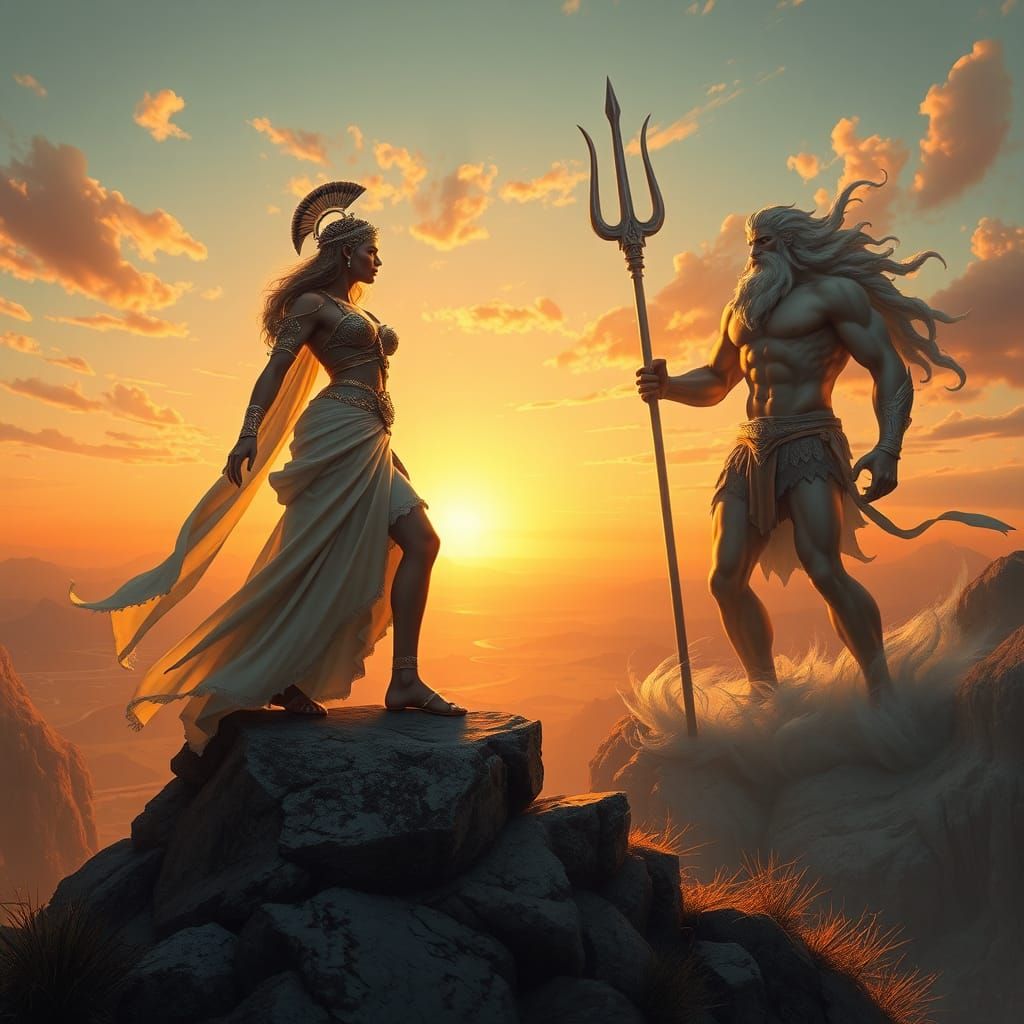 Athena Confronts Poseidon in Dreamlike Landscape