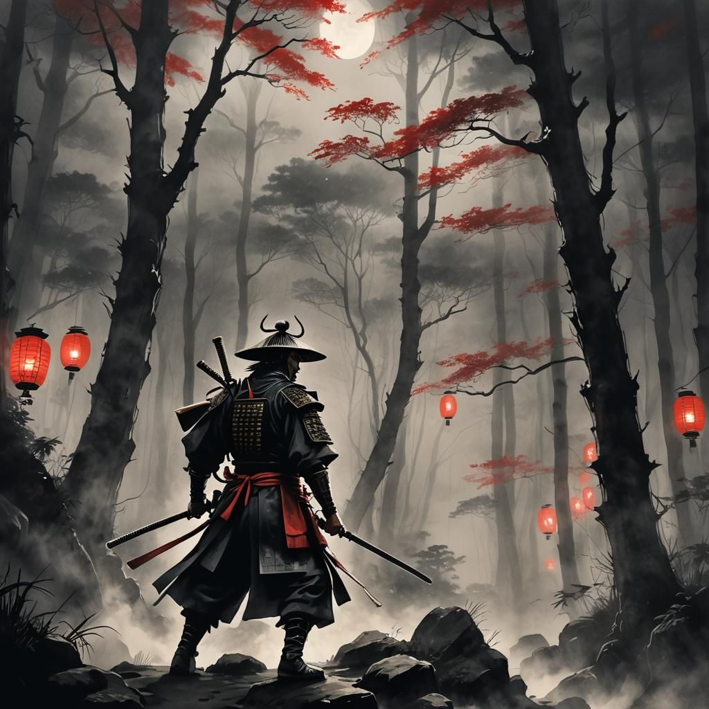 Samurai Warrior in Japanese Ink Wash Style