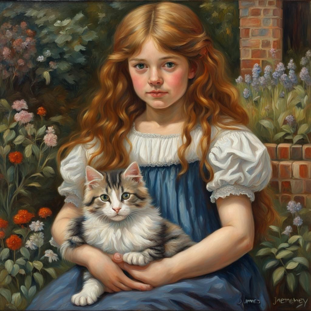 Girl with Kitten in Garden: Pre-Raphaelite Style