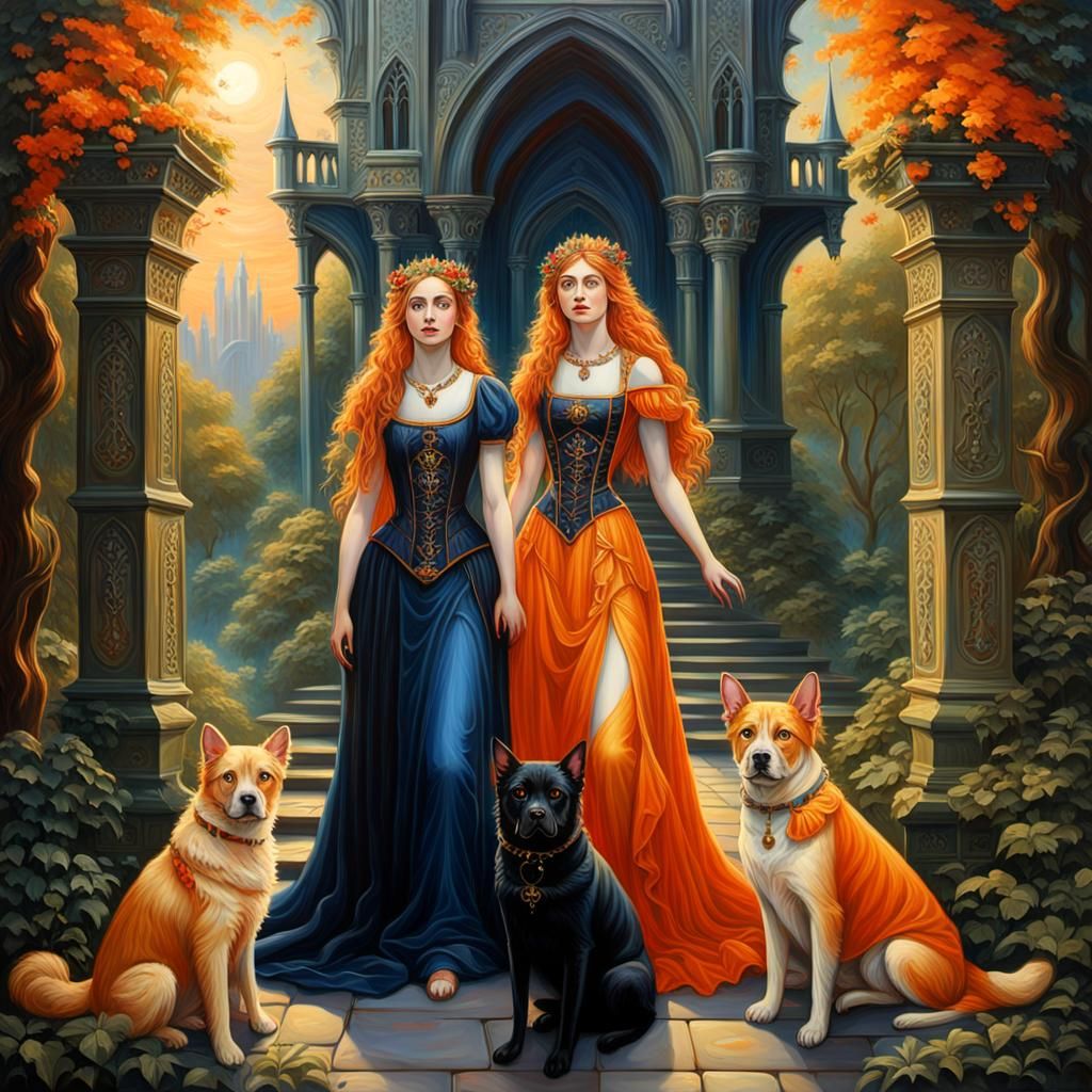 Gothic Goddesses in Forest Villa: Fantasy Oil Painting