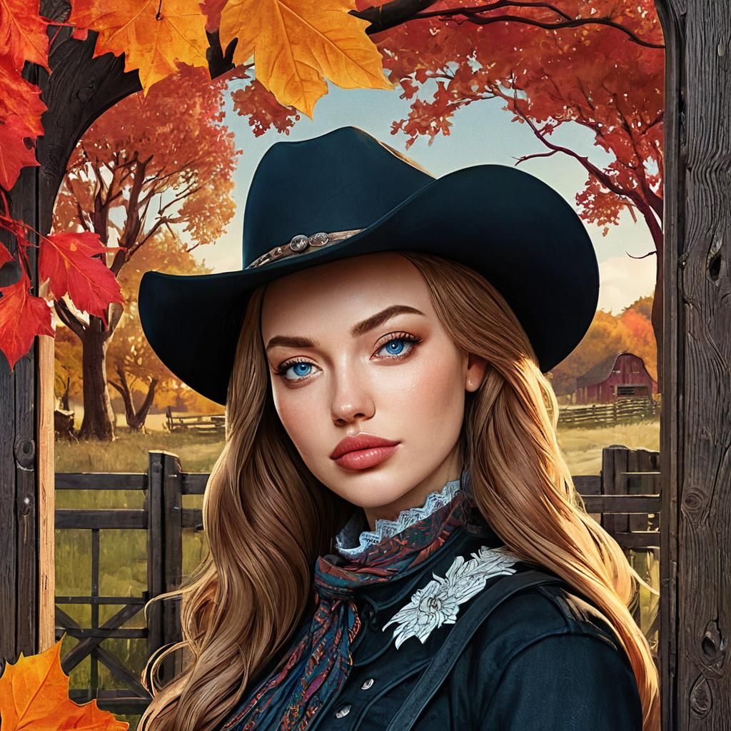 Cowgirl Portrait in Autumn Landscape, Digital Art