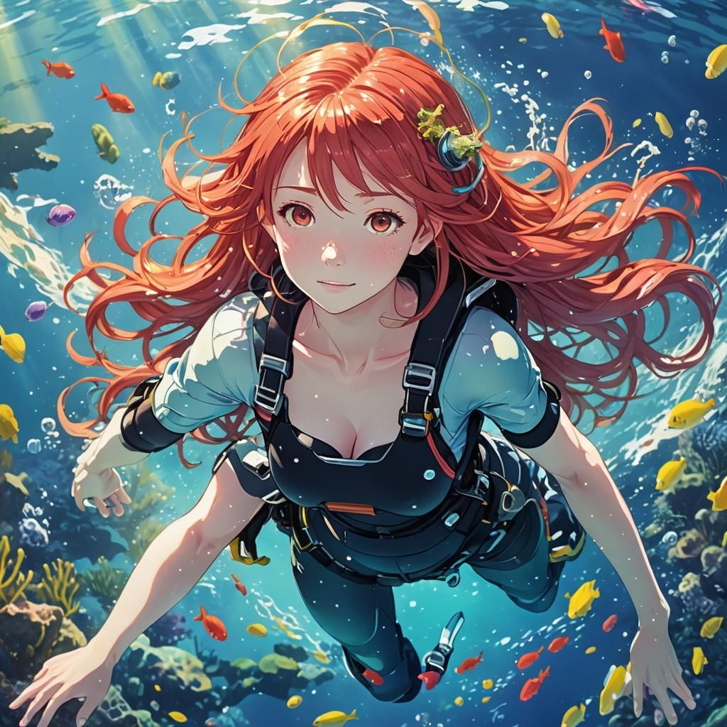 Pregnant Anime Diver with Red Hair in Manga Style