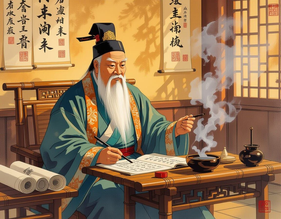 Ancient Chinese Philosopher in Gouache and Watercolor Style