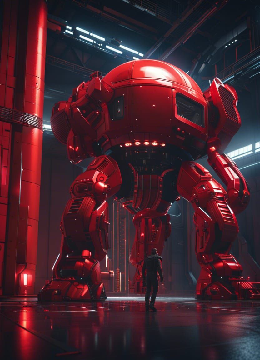 Giant Red Robot Emerges in Futuristic Factory